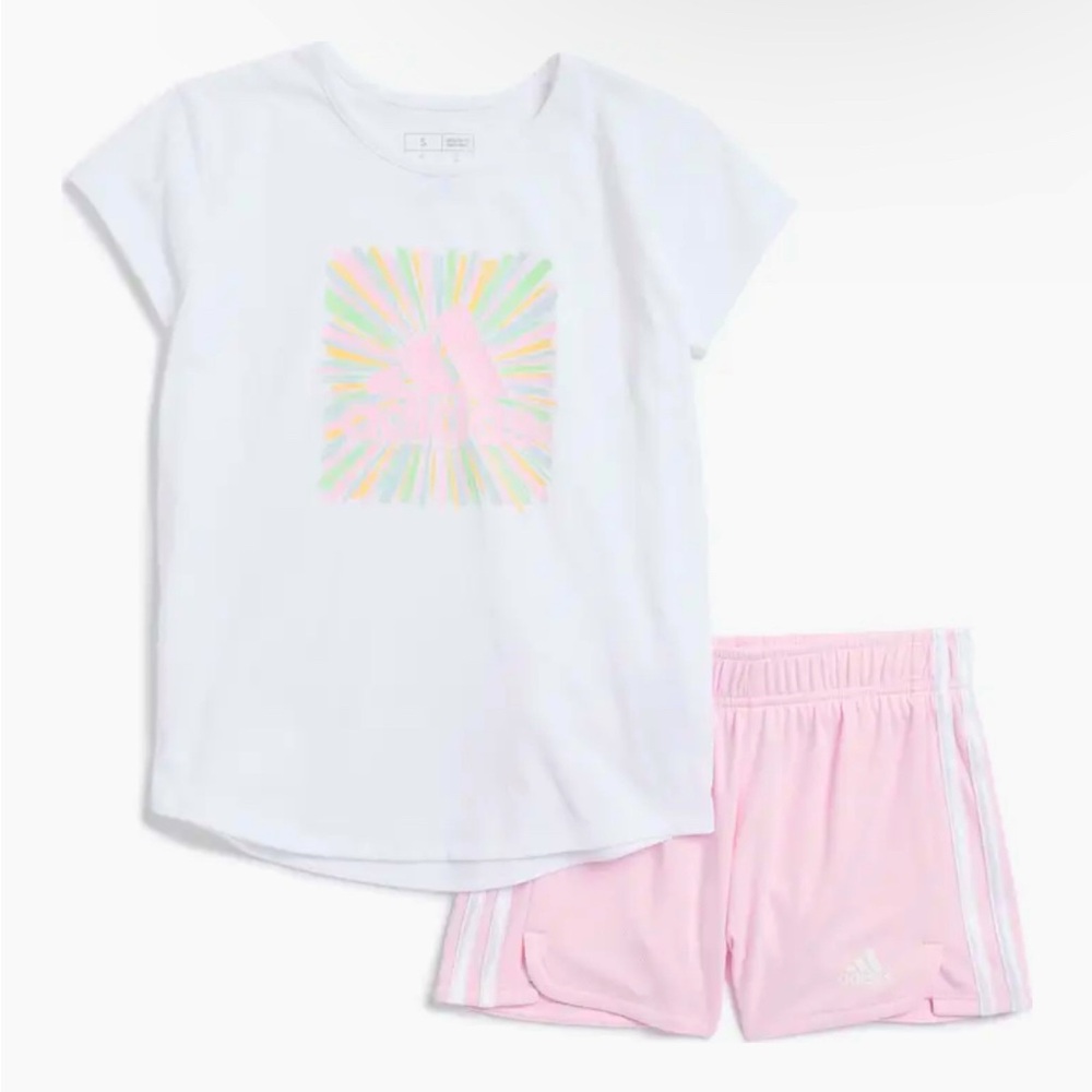 2 pc Adidas white t-shirt w/ light pink jersey shorts set for baby girl/Size: 3M